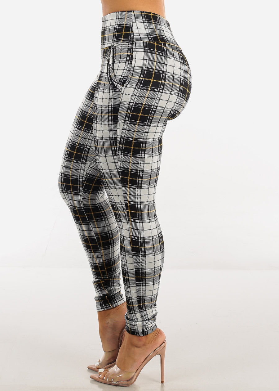 High Waisted Plaid Skinny Pants w Zipper Detail