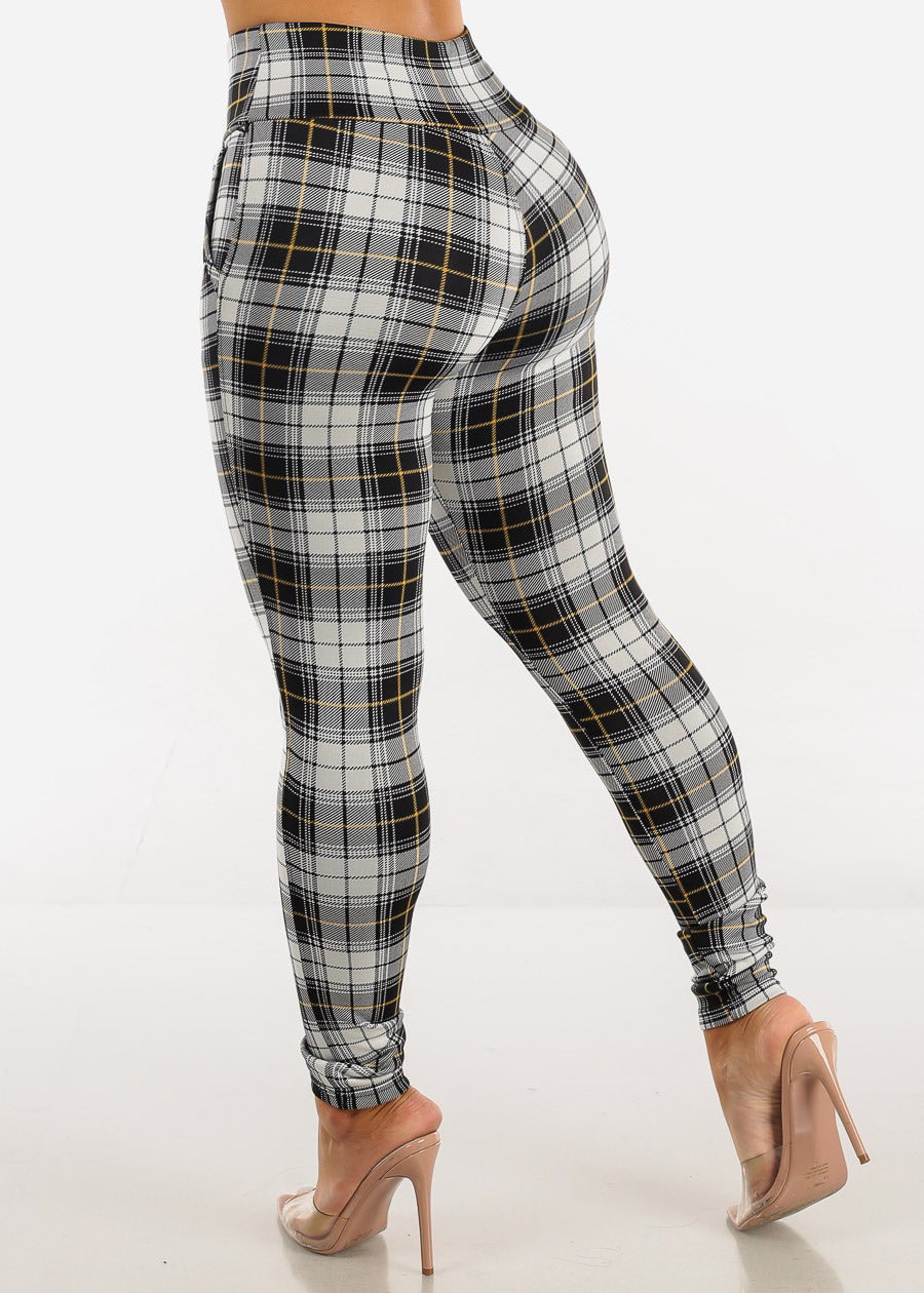 High Waisted Plaid Skinny Pants w Zipper Detail