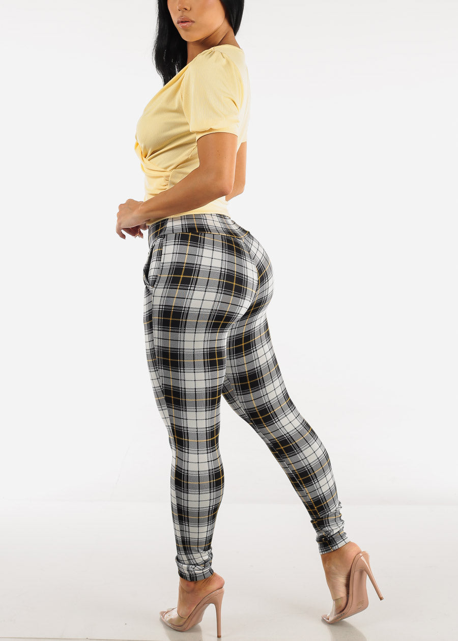 High Waisted Plaid Skinny Pants w Zipper Detail