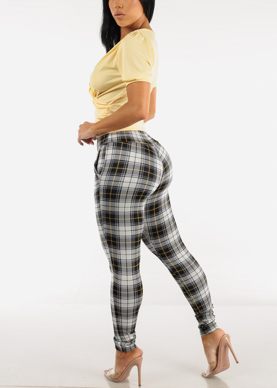 High Waisted Plaid Skinny Pants w Zipper Detail