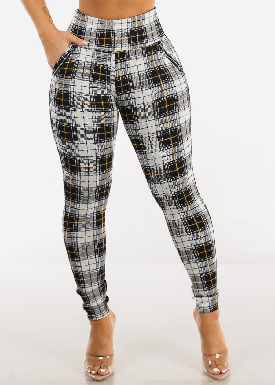 High Waisted Plaid Skinny Pants w Zipper Detail