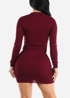 Long Sleeve Bodycon Sweater Mini Dress Burgundy