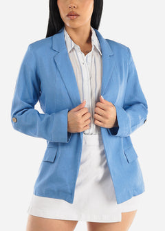 Linen Long Sleeve Open Front Blue Blazer