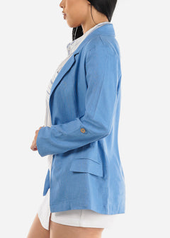 Linen Long Sleeve Open Front Blue Blazer