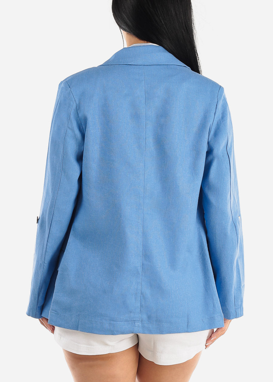 Linen Long Sleeve Open Front Blue Blazer