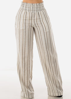 Linen Spandex Waist Striped Pants Mocha