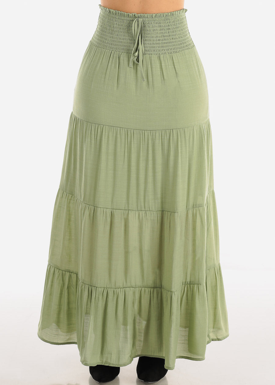 High Rise Spandex Waist Tiered Maxi Skirt Light Green