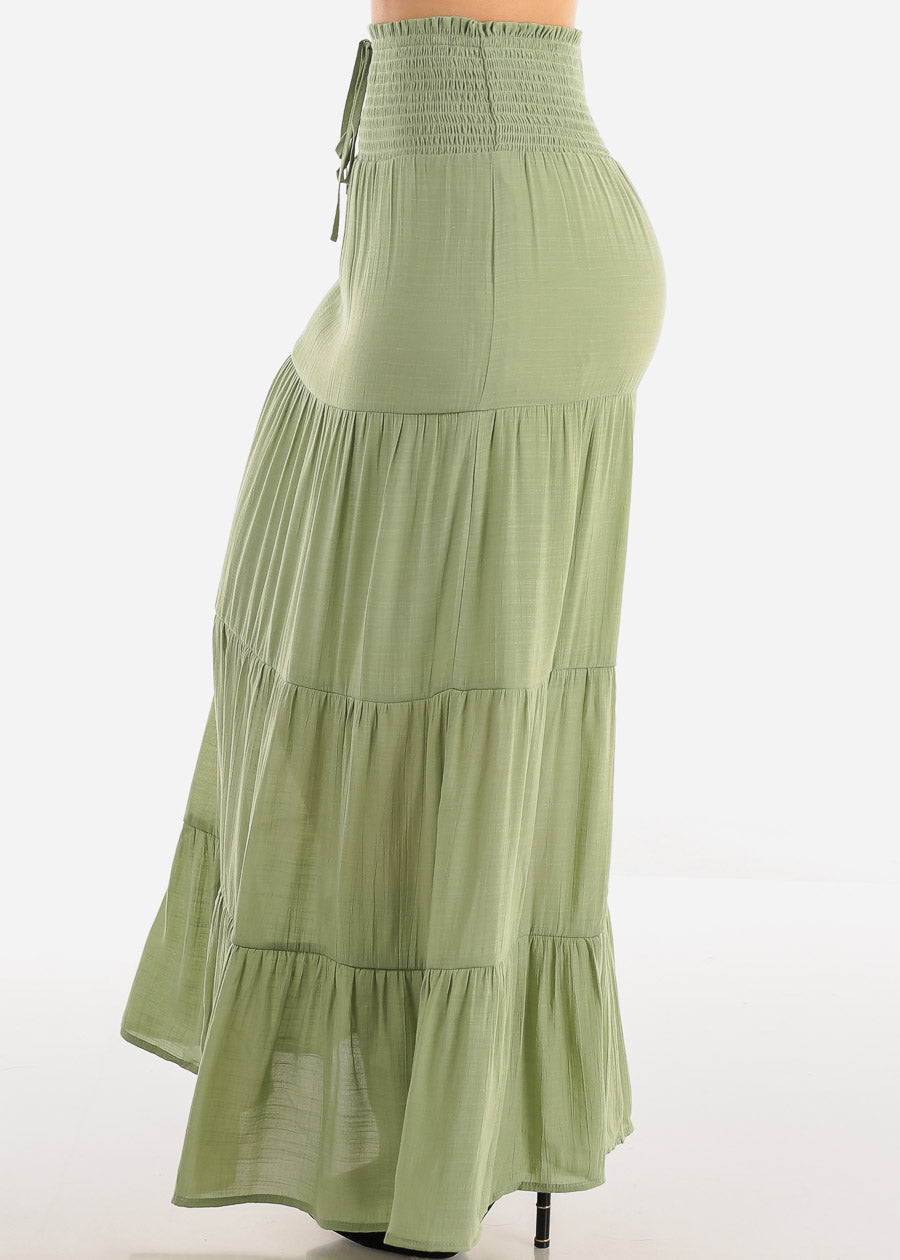 High Rise Spandex Waist Tiered Maxi Skirt Light Green