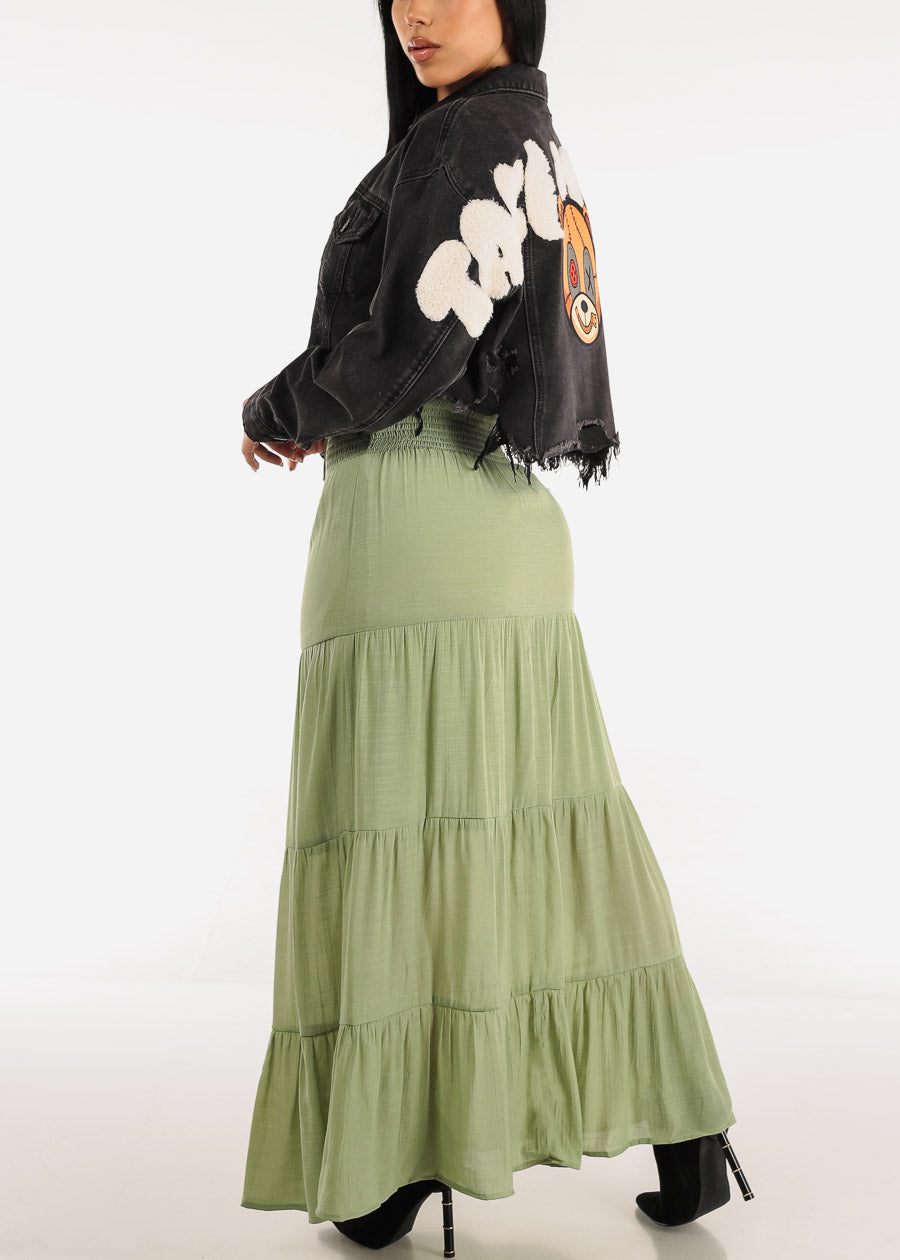 High Rise Spandex Waist Tiered Maxi Skirt Light Green