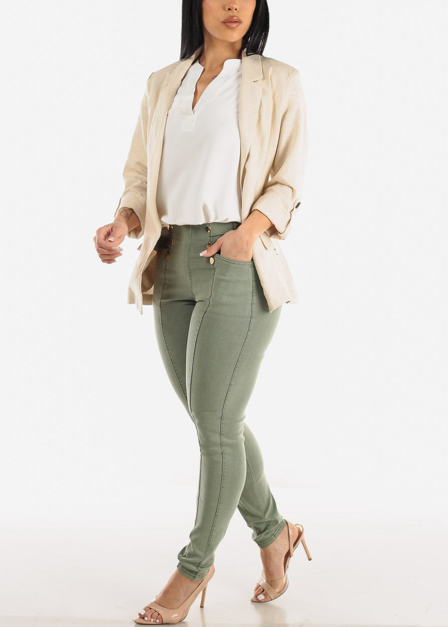 Linen Long Sleeve Open Front Natural Blazer