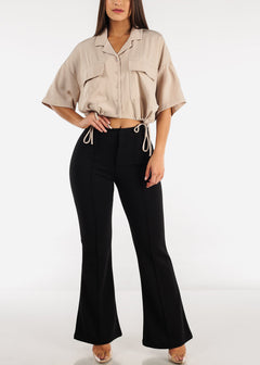 Short Sleeve Button Up Cropped Shirt Taupe