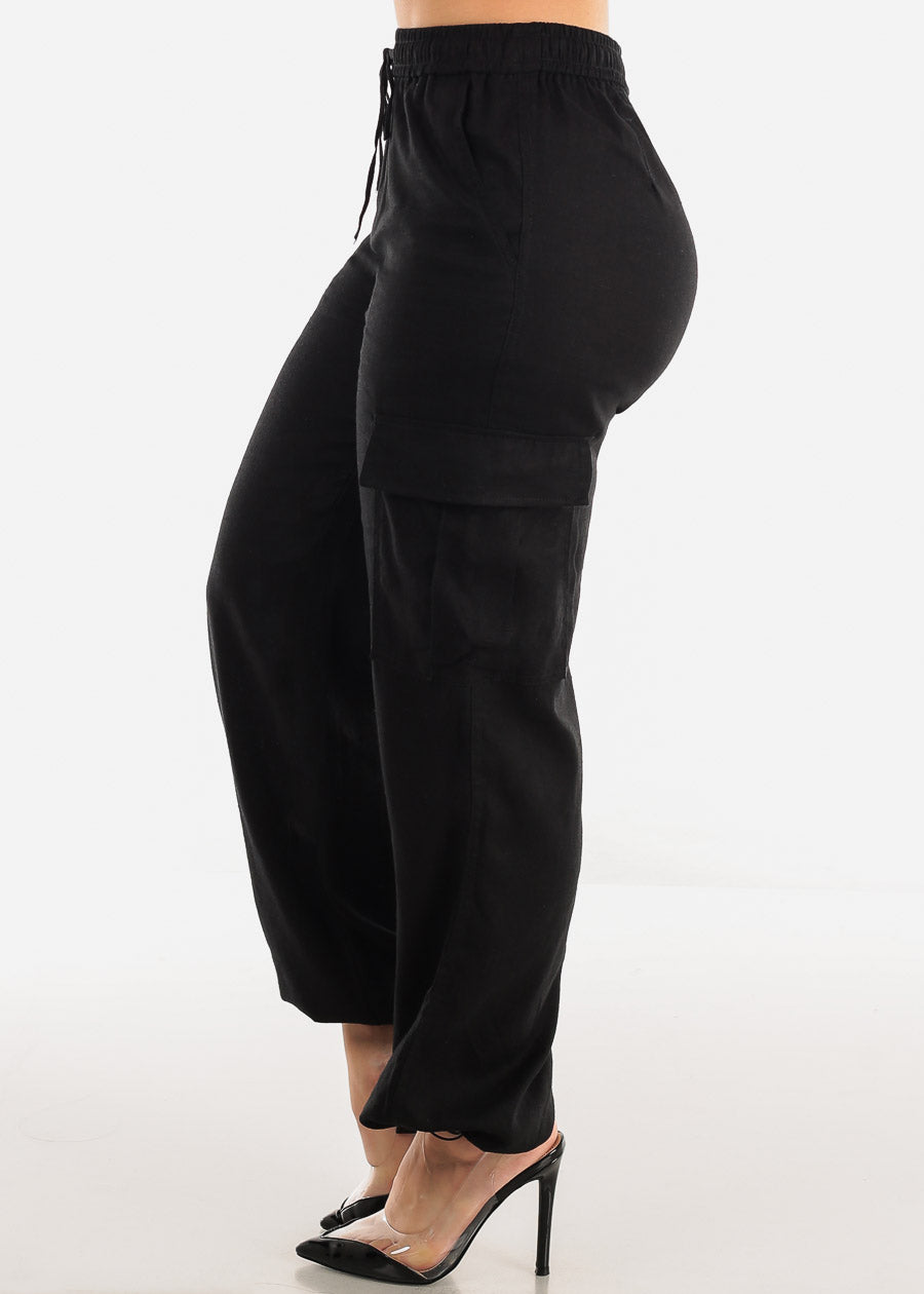 Black Linen High Waist Cargo Pants Drawstring Hem