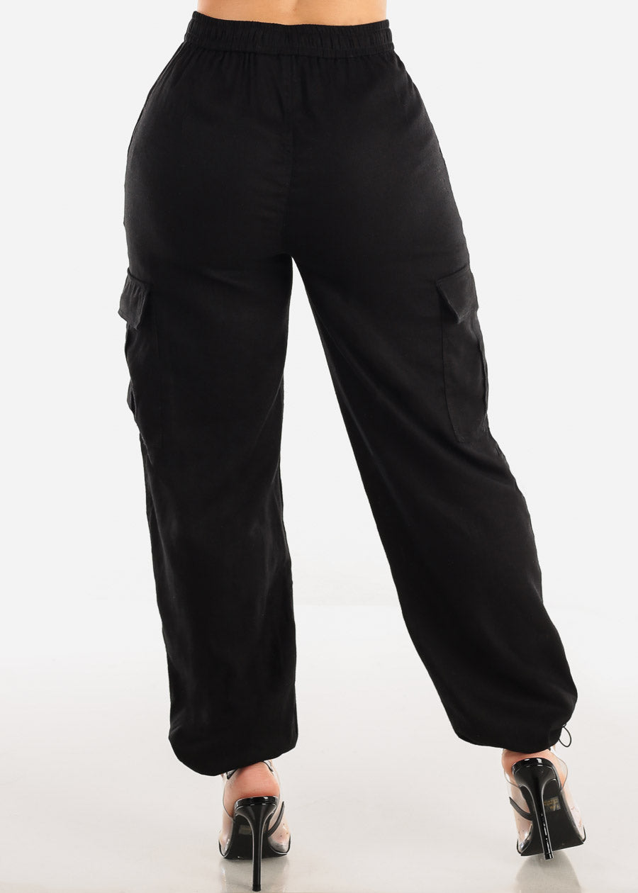 Black Linen High Waist Cargo Pants Drawstring Hem