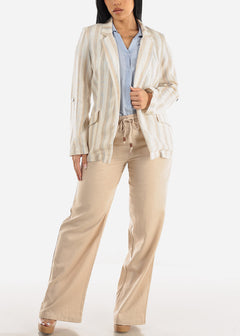 Linen Long Sleeve Open Front Stripe Blazer Ivory