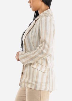 Linen Long Sleeve Open Front Stripe Blazer Ivory