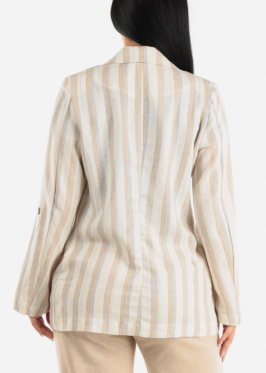 Linen Long Sleeve Open Front Stripe Blazer Ivory