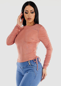 Long Sleeve Crewneck Top Rose W Ruched Sides
