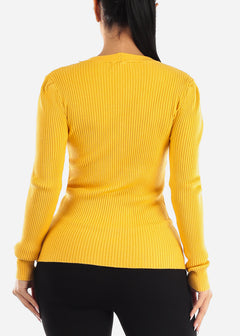 Long Sleeve V-Neck Rib Knit Sweater Yellow