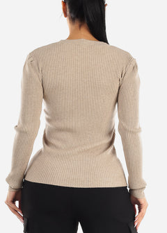 Long Sleeve V-Neck Rib Knit Sweater Khaki