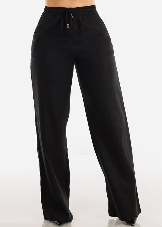 Black Linen Drawstring Waist Straight Leg Pants