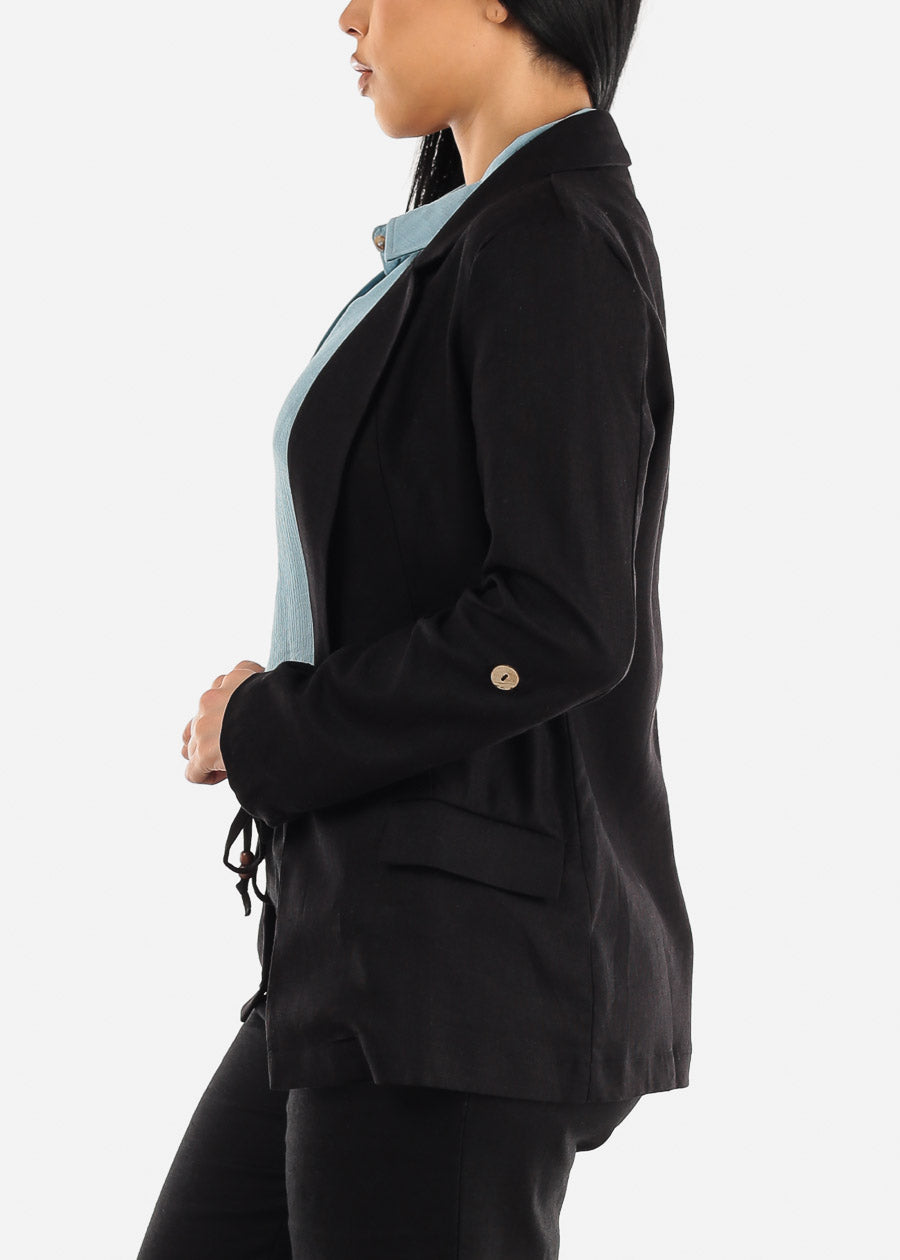 Black Linen Long Sleeve Open Front Blazer