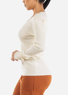 Long Sleeve V-Neck Rib Knit Sweater Cream