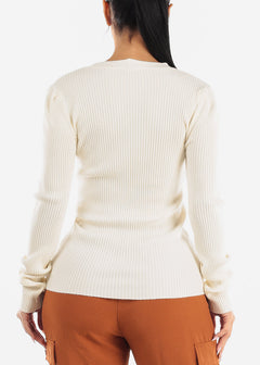 Long Sleeve V-Neck Rib Knit Sweater Cream