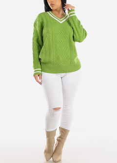 Long Sleeve Cable Knit V Neck Sweater Light Green
