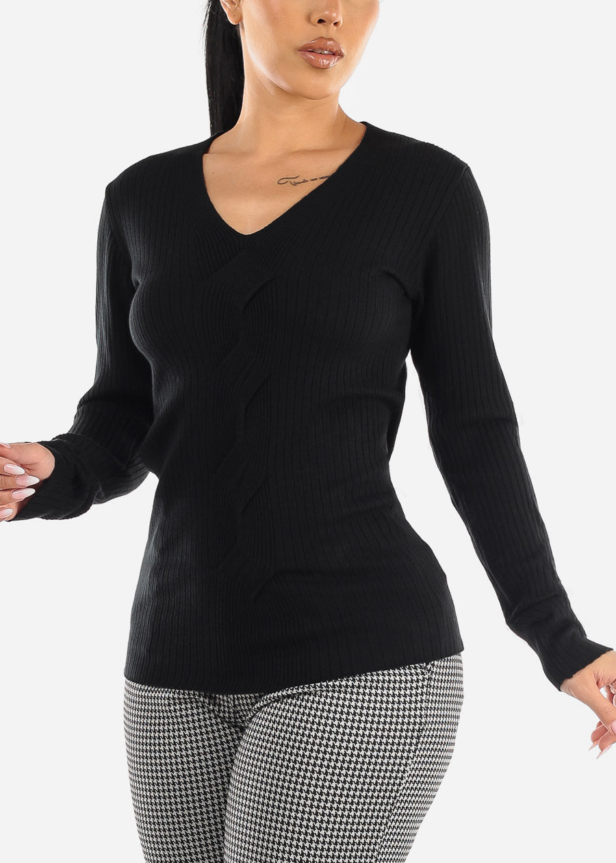 Black V-neck Long Sleeve Rib Knit Sweater