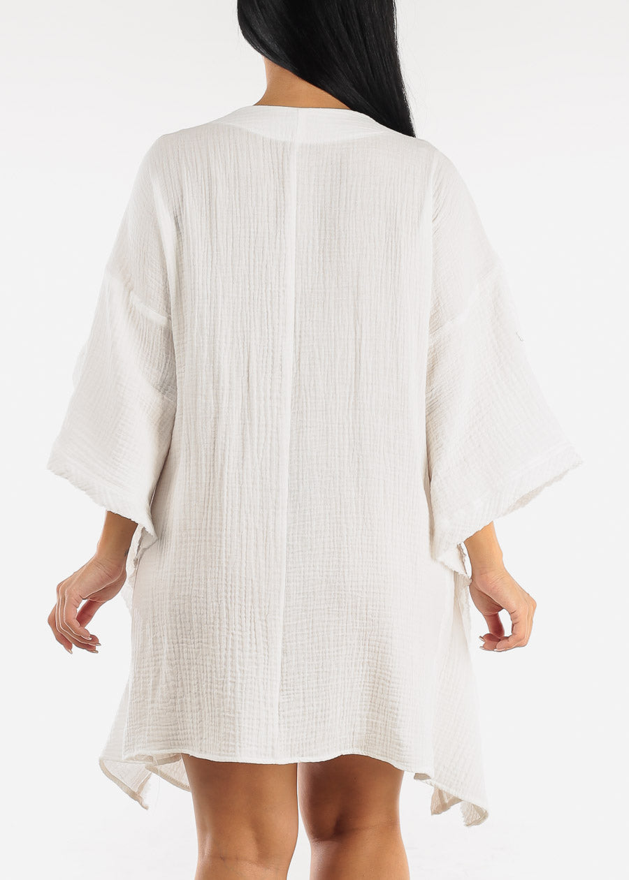 White Cotton Cover Up Kimono w Drawstring Waist