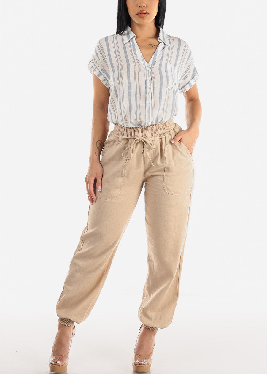 Khaki Linen High Rise Spandex Waist Jogger Pants