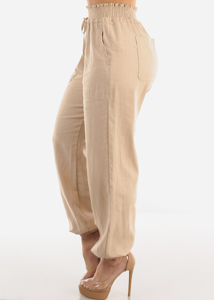 Khaki Linen High Rise Spandex Waist Jogger Pants