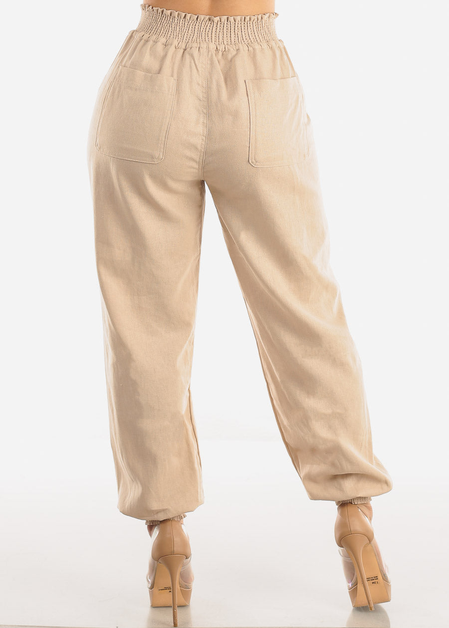 Khaki Linen High Rise Spandex Waist Jogger Pants