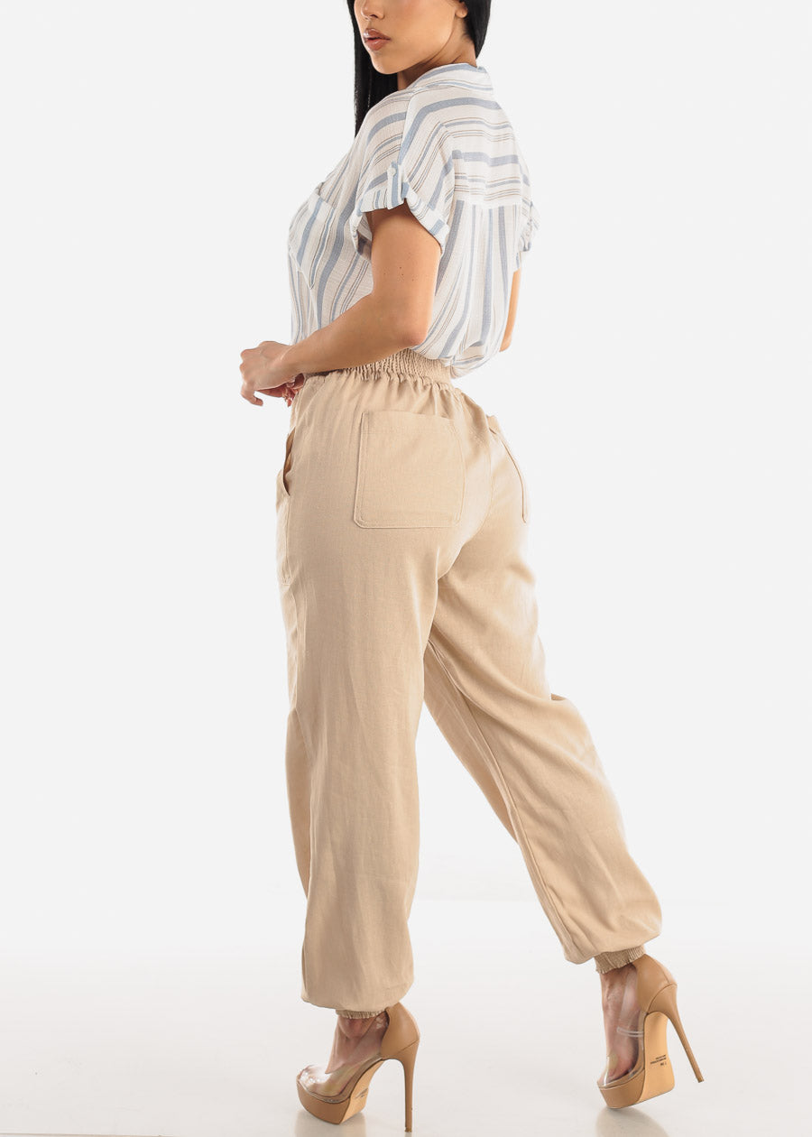 Khaki Linen High Rise Spandex Waist Jogger Pants