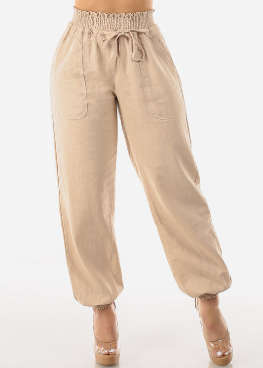 Khaki Linen High Rise Spandex Waist Jogger Pants