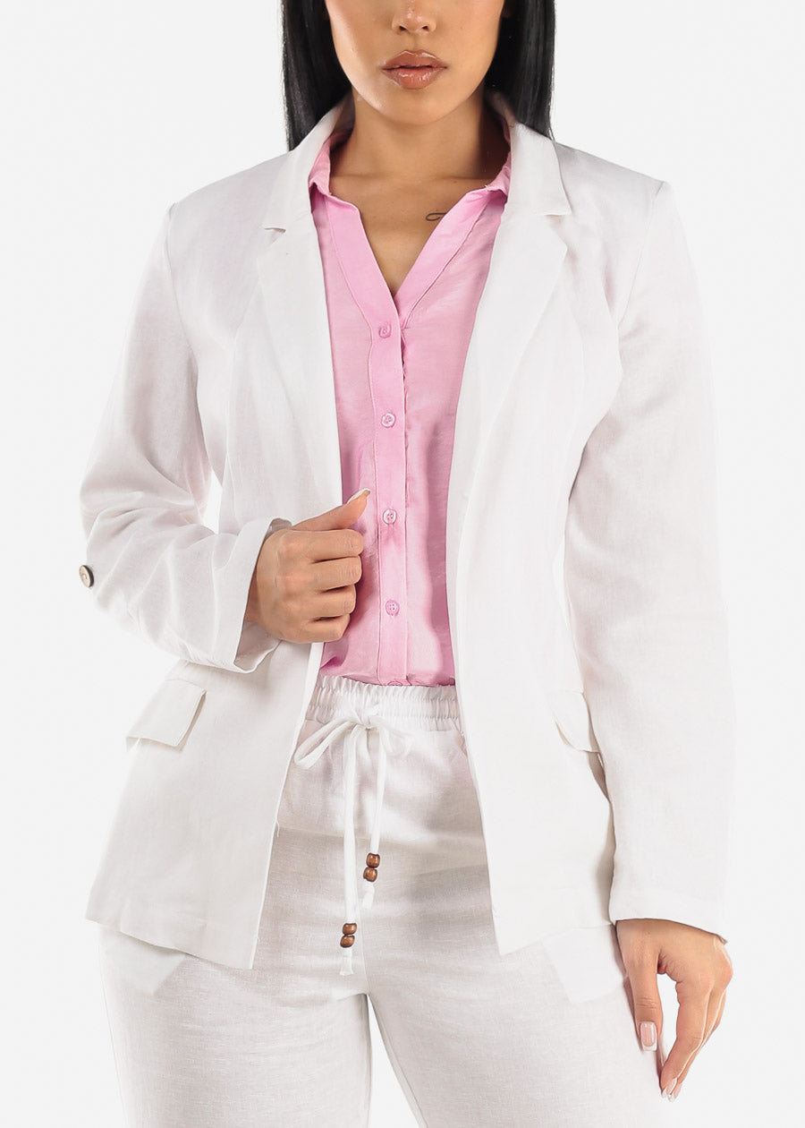 White Linen Long Sleeve Open Front Blazer