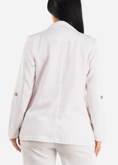 White Linen Long Sleeve Open Front Blazer