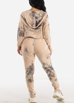 Long Sleeve Tie Dye Button Up Hooded Jumpsuit