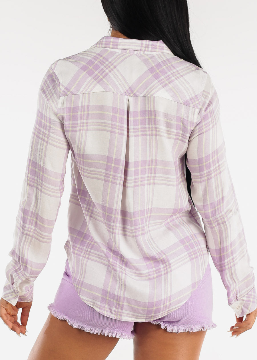 Relaxed Button Up Plaid Shirt Lilac