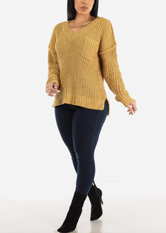 Long Sleeve Soft Knit V-Neck Sweater Mustard