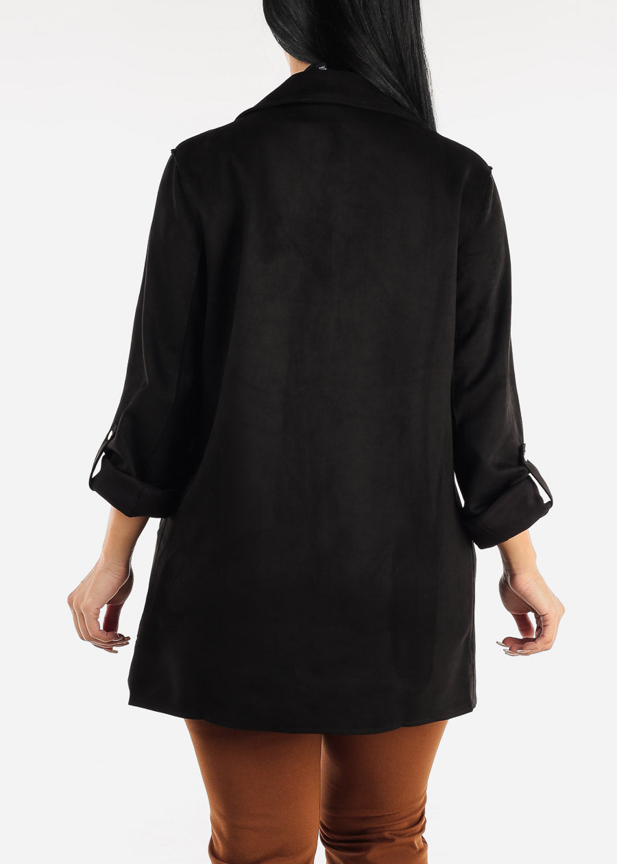 Black Long Sleeve Suede Coat