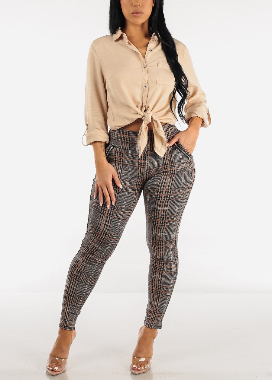 Relaxed Tie Front Collared Khaki Blouse