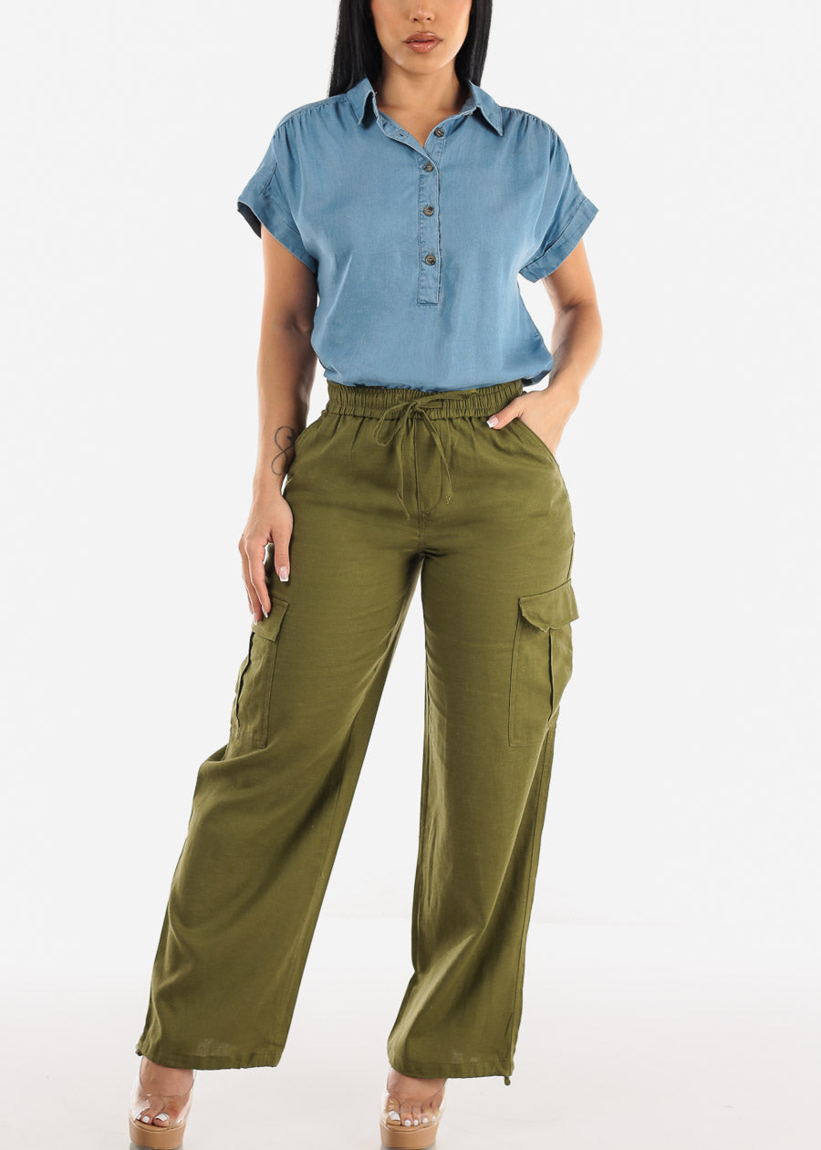 Olive Linen High Waist Cargo Pants Drawstring Hem