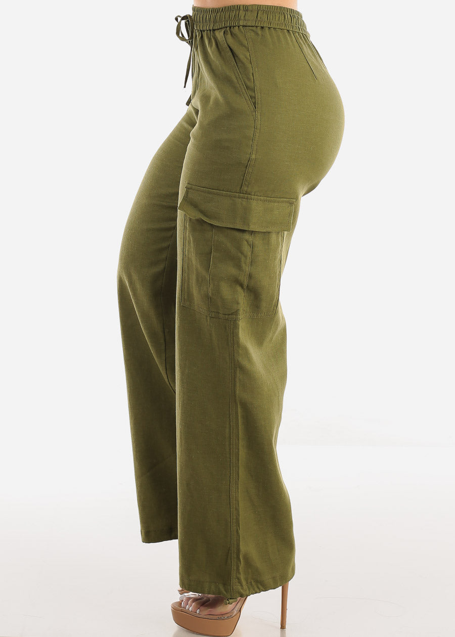 Olive Linen High Waist Cargo Pants Drawstring Hem