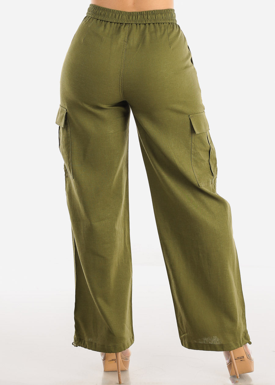 Olive Linen High Waist Cargo Pants Drawstring Hem