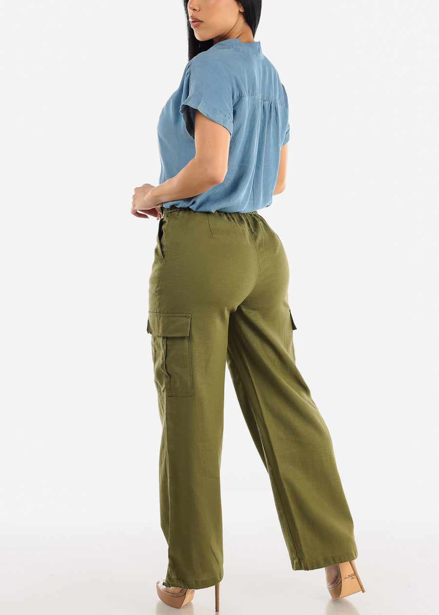 Olive Linen High Waist Cargo Pants Drawstring Hem