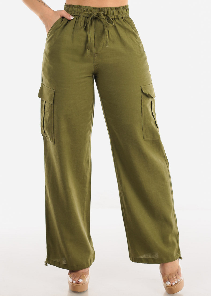 Olive Linen High Waist Cargo Pants Drawstring Hem