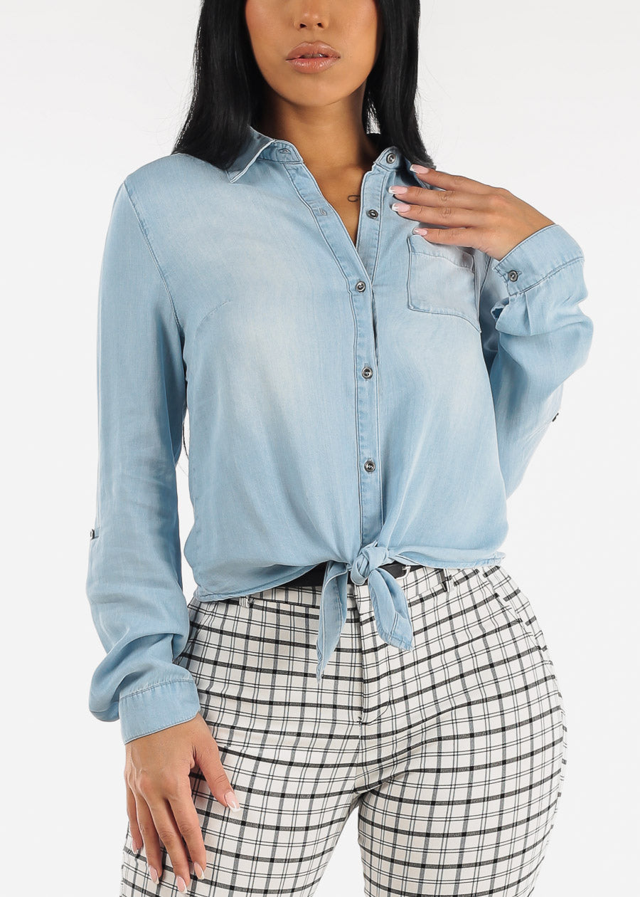 Relaxed Tie Front Collared Denim Blouse