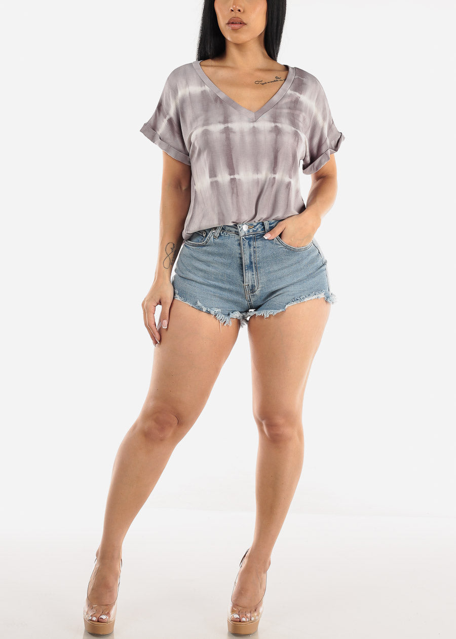 Short Sleeve Tie Dye Vneck Top Grey