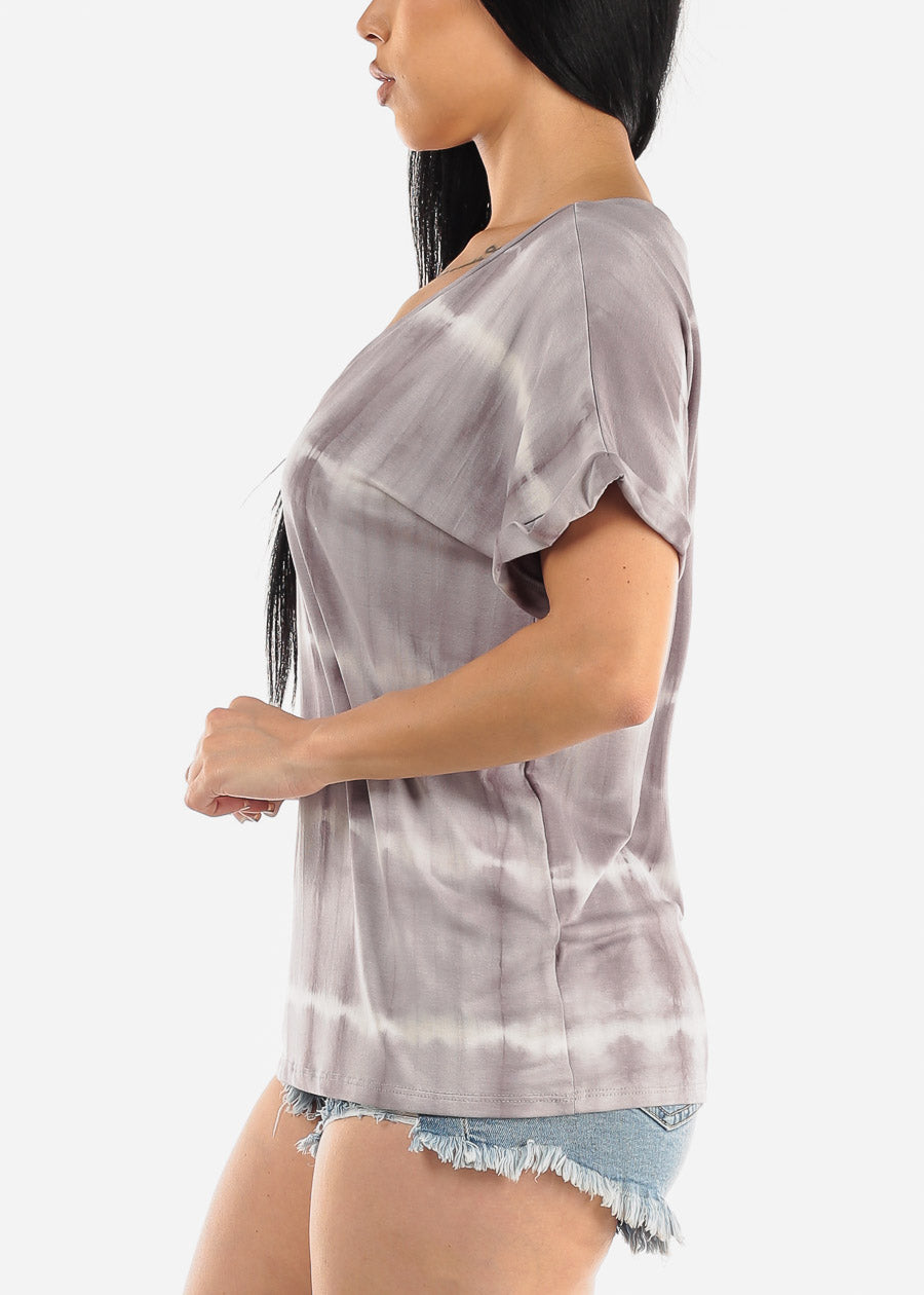 Short Sleeve Tie Dye Vneck Top Grey